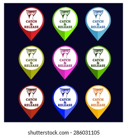 vector set emblem fishing catch & release with tail and lettering in marker symbol