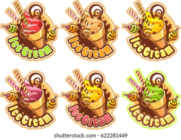 Vector set of emblem ice cream with sweets decorated with sweets, cookies, frozen cocktail on white background label
