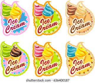Vector set of emblem of multi-colored ice cream with different flavors on white background label, menu