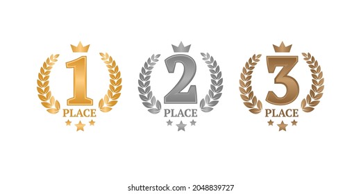 Vector set of emblems for awards. First, second, third places. Gold, silver, bronze awards. Awards with branches, crown, number and stars. - Shutterstock ID 2048839727