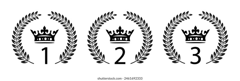 Vector set of emblems for awards. First, second, third places. Ranking laurel wreath vector illustration. From 1st palace to 3rd palace. Laurel wreath of victory icon, set of black medals.