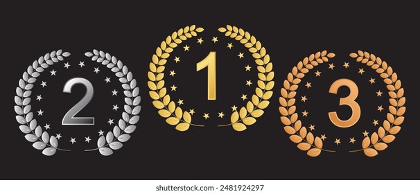 Vector set of emblems for awards. First, second, third places. Gold, silver, bronze awards. Rewards with branches, number, and stars.