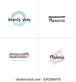 Vector Set Of Emblems, Badges And Logo Design Templates For Beauty Shops, Manicure, Cosmetology And Makeup With With Round Spots And Brush Stroke