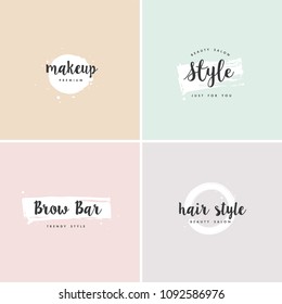 Vector set of emblems, badges and logo design templates for beauty shops, hairdresser's, brow bar and makeup with with round spots and brush stroke