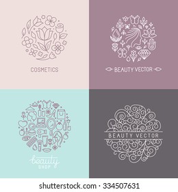 Vector set of emblems, badges and logo design templates for beauty shops, organic cosmetics and natural skin care products in trendy linear style