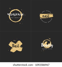 Vector set emblems, badges or logos design templates for nail studio, beauty shop sign with round spots and brush stroke. Golden icon
