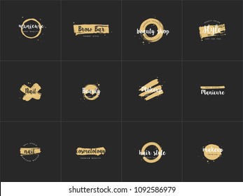 Vector set emblems, badges or logos design templates for nail studio, beauty shop sign with round spots and brush stroke. Golden syle