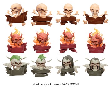 Vector set of emblems with banners and with cartoon images of different human skulls with mohawk, hair and horns on a white background. Pirates, death, Halloween. Vector illustration.