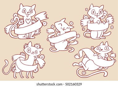 Vector set of emblems with banners, flowers and with cartoon images of cute different cats with different actions and emotions on a beige background. Made in monochrome style. Pet. Positive character