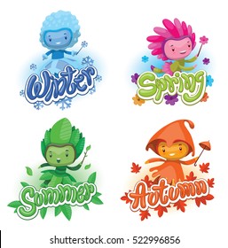 Vector set of emblems with cartoon images of cute fairies of the seasons: spring, summer, autumn and winter, with magic wands in hands on a white background. Illustration with shadows and highlights.