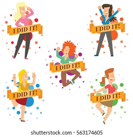 Vector set of emblems with colored balls, banners and with cartoon images of happy young women in different clothes smiling in the center on a white background. Happy people. Inscription 