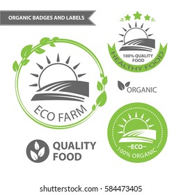 Vector set emblems of eco farm and natural food. Organic badges and labels