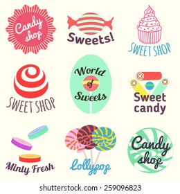 Vector set of emblems and labels for candy and sweets shops and stores