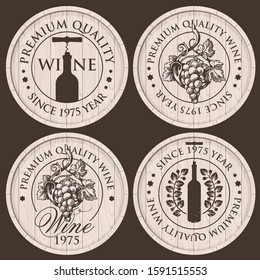 Vector set of emblems or labels of a round shape for wine shop and liquor store. Labels on wooden casks with hand-drawn bunches of grapes and bottles with corkscrews in retro style.