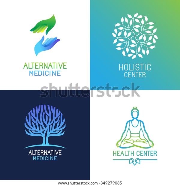 Vector set of emblems and\
logo design templates on bright gradient colors - alternative\
medicine and wellness centers - tree and herbal icons, yoga and\
hands concepts