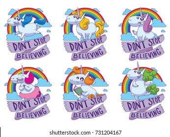 Vector set of emblems with rainbows, clouds and banners "Don't stop believing" and with cartoon images of cute white happy unicorns on a white background. Animals, legend, fairy tale. Color image.