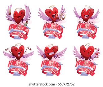 Vector set of emblems with red banners "Love is in the air" and with cartoon images of funny red hearts with lilac wings, with different actions and emotions on a white background. St. Valentine's Day