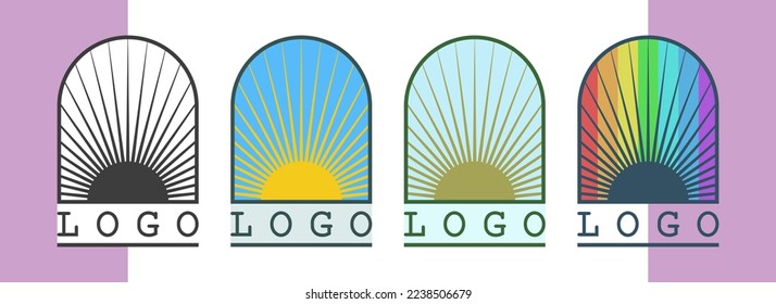 Vector set of emblems samples. Window or arch, rainbow with radiant sun and inscription logo.