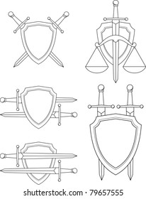 Vector set of emblems - shield, sword and scales. Armorial symbols. Isolated illustration (white silhouette, black contour) on white background.