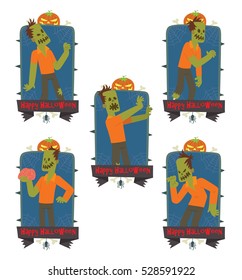 Vector set of emblems with thorns, web, pumpkin, bones, spider, banner and with cartoon images of funny zombies in black pants and orange shirts on a white background. Inscription "Happy Halloween".