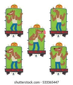 Vector set of emblems with thorns, web, pumpkin, bones, spider, banner and with cartoon images of funny werewolves in blue pants and white tank top on a white background. Inscription "Happy Halloween"