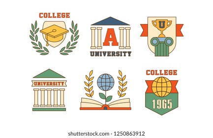 Vector set of emblems for universities and colleges. Flat outline logos with graduation hat, columns, globe and trophy