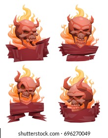 Vector set of emblems with vinous banners with fire and with cartoon images of red human skulls with horns and sharp teeth on a white background. Pirates, death, Halloween. Vector illustration.