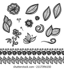 Vector set of embroidered lace design. Collection of openwork patterns with borders. Flowers, leaves, decorative elements