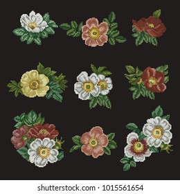 Vector Set of Embroidery Cross Stitch Flowers