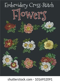Vector Set of Embroidery Cross-Stitch Flowers