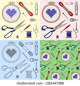 Vector Set Of Embroidery Tool Set. Embroidery Floss. Muline. Stitch 