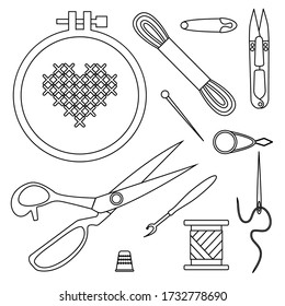 vector set of embroidery tool. Embroidery floss. Muline. Doodle sewing tools equipment. Needlework concept. Needles, scissors, yarn, spools, threads. Hand drawn colored vector set. Cartoon style, flat