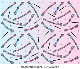 Vector Set Of Embroidery Tool. Embroidery Floss. Muline. Hand Drawn Colored Vector Pattern. Mouline Threads, Crosses, Needles.