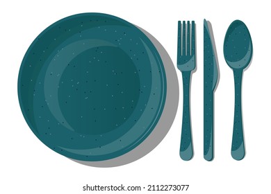 Vector set of emerald crockery and cutlery isolated on white background. Top view of ceramic plate, spoon, fork, knife.