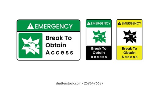 Vector set of "Emergency Break Glass" signs with three distinct styles. Easily customizable for safety, security, and emergency access messaging Eps10