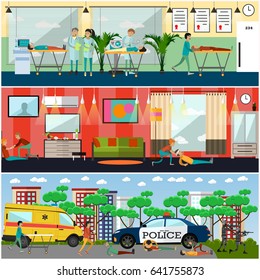 Vector set of emergency first aid posters. Home, outside and hospital first aid flat style design elements.