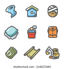 Vector Set of Emergency Service Icons. Hurricane, Earthquake, Victim, Homeless, President, Lifeguard, Financing, Evacuation, Analysis dam.