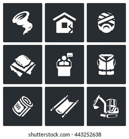 Vector Set of Emergency Service Icons. Hurricane, Earthquake, Victim, Homeless, President, Lifeguard, Financing, Evacuation, Analysis dam. Rescue in the aftermath of natural disasters.