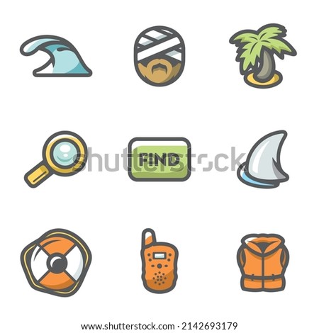 Vector Set of Emergency Service Icons. Tsunami, Victim, Island, Looking, Loss, Ocean, Lifebuoy, Portable Radio, Lifejacket.