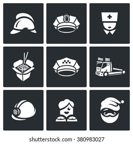 Vector Set of Emergency Services Icons. Firefighter, Police, Ambulance, Food delivery, Taxi, Tow, Rescue, Escort, Animator.