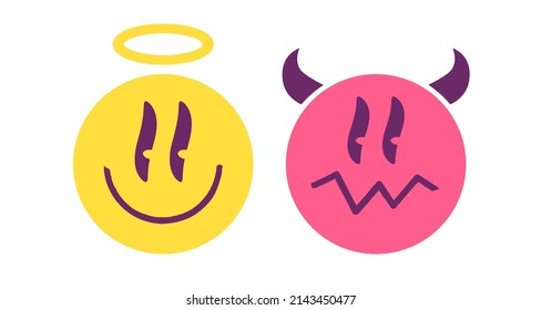 Vector set emoji of angel and devil. Vector icons of positive and negative faces. Smiles.