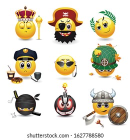 Juego de vectores de íconos emojis vestidos como rey, pirata, César, policía, agente encubierto, soldado, ninja, terrorista y viking. Conjunto de vectores de iconos con diferentes máscaras y disfraces de guerreros. 
