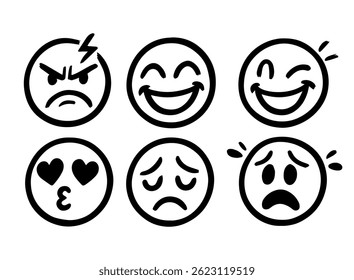 Vector set of emojis. Different facial expressions, joy, love, smile, fear, drawn with a marker. Freehand drawing. Isolated on white background.