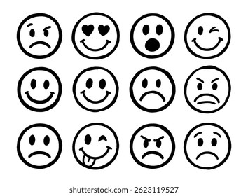 Vector set of emojis. Different facial expressions, joy, love, smile, fear, drawn with a marker. Freehand drawing. Isolated on white background.