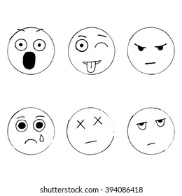 Vector set of emoticon doodles, hand drawn sad emoji