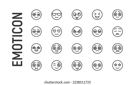 Vector set of emoticon thin line icons. Design of 20 stroke pictograms. Signs of emoticon isolated on a white background.
