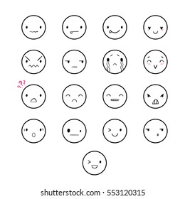 Vector set of emoticons, doodle hand-drawn smiley icons, isolated on white background, different emotions, smile, happy, wink, cry, EPS 8