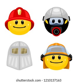 Vector set of emoticons in firefighter clothes. Collection of face icons wearing fireman helmets and masks in cartoon style on white background.