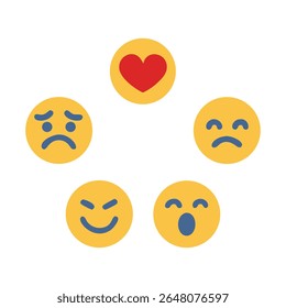 Vector set of emotional emoji faces with heart symbol, showing feelings like sadness, anger, joy, and love. Ideal for UI, social media, mental health, feedback, and mood tracking designs.