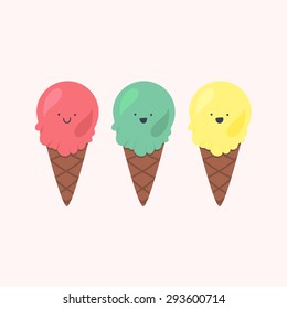 Vector set of emotional ice-creams with smiles and three color themes